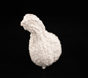 Porcelánová váza organického tvaru a struktury krytá transparentní glazurou.